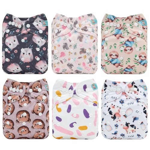 ALVABABY Baby Cloth Diaper 6 Pack with 12 Inserts One Size Cloth Diaper Covers Adjustable Washable Reusable for Baby Girls and Boys