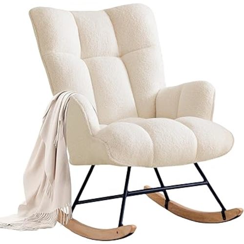 Rocking Chair Nursery Glider Rocking Chair Teddy Rocking Accent Chair Nursery Rocker Nursing Rocking Chair for Living Room Bedroom Office (Ivory, Teddy)