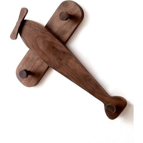 Kids Coat Rack Wall Mount, Airplane-Shaped Wooden Wall Coat Hooks for Kids, Cute Walnut Coat Hanger Heavy Duty for Bathrooms, Door, Entryway, Kids Room, or Nursery