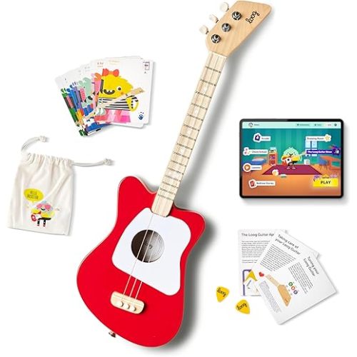 Loog Mini Acoustic kids Guitar for Beginners 3-strings Ages 3+ Learning app and lessons included Red