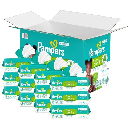 Pampers Baby Wipes, Free & Gentle, Hypoallergenic and Unscented Wipe, 100% Plant Based, Plastic-Free for Babies, 936 Total (12 Flip-Top Packs)