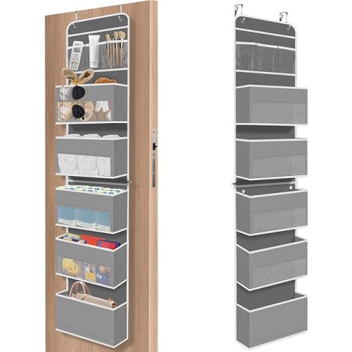 SpaceHacks 6-Tier Over The Door Organizer, Hanging Storage Organizer with Clear Window, 40lb Ultra Sturdy Large Capacity Room Organizer for Pantry Bathroom Nursery Closet Baby Essential (Grey)