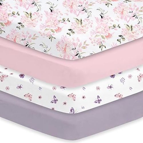Little Grape Land Crib Sheets Girl 4 Pack, Baby Crib Sheets for Standard Crib & Toddler Mattress, Super Soft Breathable Crib Sheet Set for Girls, Floral & Butterfly