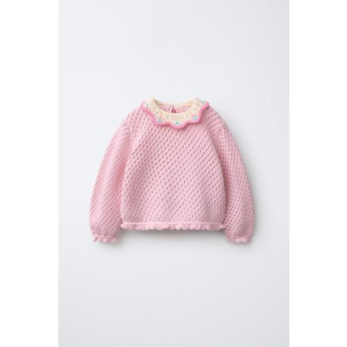 CROCHET KNIT COLLAR JUMPER - Pink | ZARA United States