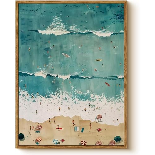 Tropical Beach Scene Framed Canvas Wall Art 12x16 Modern Coastal Ocean Wave Print, Summer Seaside Picture Beach Painting, Sea Wave View Artwork Bedroom Bathroom Home Office Decor