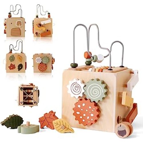 Montessori Baby Activity Cube for Toddlers, 5 in 1 Large Wooden Activity Center with Bead Maze Shape Sorter, Educational Learning Abacus Toy for Kids, Sorting & Stacking Board for Boys Girls
