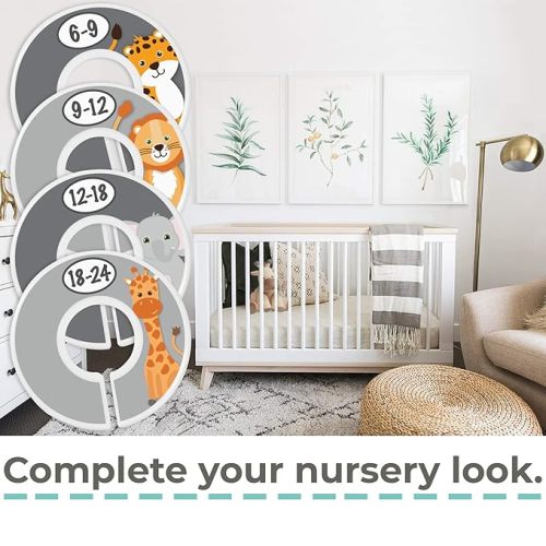 Baby Closet Size Dividers - 7X Safari Nursery Closet Dividers for Baby Clothes - Elephant Giraffe Zebra Lion Monkey Nursery Decor - Baby Closet Dividers for Boy or Girl - [Safari] [Grey/Gray] - 7x Gray Safari