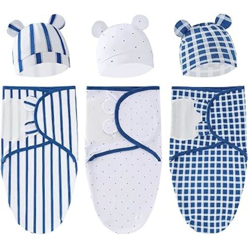 Unisex 3-Pack Baby Swaddles for Newborns with Bear Hat (Blue Set)