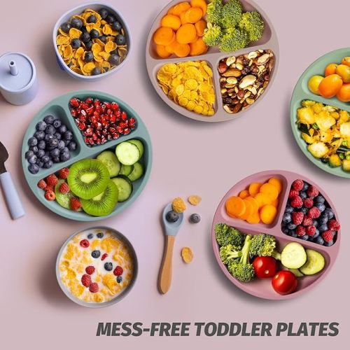 ME.FAN Suction Plates [4 Pack] Toddler Plates for Babies & Toddlers, Food Grade Silicone Baby Plates with Divided Design, Stay Put with 4 Suction Cups for Self Feeding - 4Pack-Dusty Rose/Pale Mauve/Ether/Desert Sage