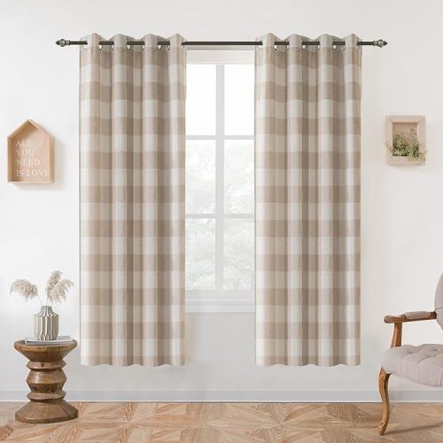 DriftAway Buffalo Plaid Blackout Curtains Linen Textured Farmhouse Double Layer Thermal Insulated Yarn Dyed Woven Checkered Gingham Grommet Drapes for Living Room 2 Panels Each 52W x 63L Taupe