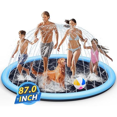 Splash Pad Sprinkler for Kids, 87" Extra Large Non-Slip Baby Play Mat - 2 Colors, Dog Pool Toys, Toddler Outdoor Toys for Ages 3-12 Boys Girls, Summer Outdoor Water Toys, Parent-Kids Games
