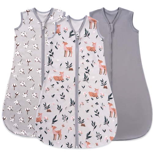 Baby Sleep Sack 18-24 Months, 100% Organic Cotton Wearable Blanket for Babies, 2-Way Zipper TOG 0.5 Lightweight Breathable Baby Sleeping Bag, 4 Sizes-XL Cotton&Fawn&Grey