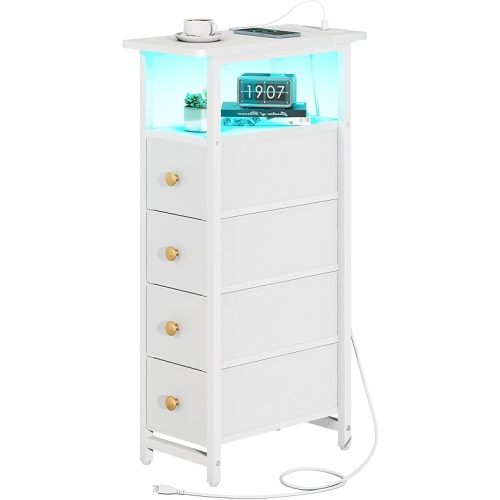 Yoobure Narrow Dresser for Bedroom, LED Slim Nightstand with Charging Station, Small Dressers Chest of Drawers, Fabric Dresser Tall Skinny Cabinet Night Stand for Small Spaces, White