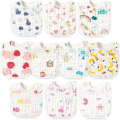 BUoonyer 10pcs Snap Muslin Cotton Bibs, Baby Bandana Drool Bibs, Adjustable Soft Absorbent Cotton Scarf