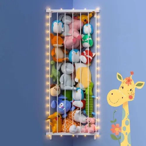 Corner Stuffed Animal Storage Net - Stuffed Animals Holder with Lights - Plush Organizer Hanging Stuffed Animal Hammock for Kids Room Playroom Bedroom Nursery Decro