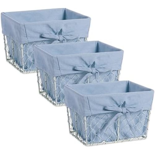 DII Farmhouse Chicken Wire Storage Baskets with Liner, Small, Antique Denim, 9x7x6", 3 Piece