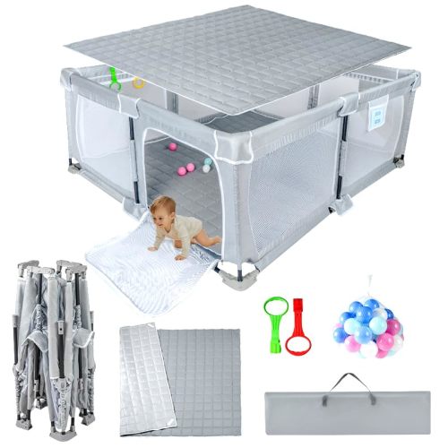 Nvlirun Foldable Baby Playpen 50"x50",Playpen for Babies and Toddlers with Mat,Foldable playpen with Door,Indoor and Outdoor Baby Fence Play Area (Light Gray, Foldable 50"x50" with Mat)
