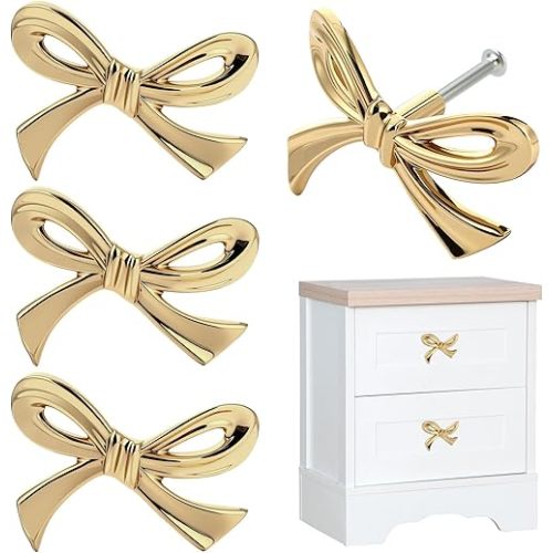 4 Pack Gold Bow Knobs - Solid Brass Bow Drawer Pulls for Dresser, Cabinets & Furniture | Decorative Bow Cabinet Handles | Bow Knobs for Drawers, Wardrobe (Antique Brass) [4PCS]