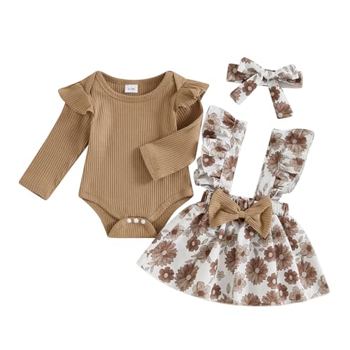 KMBANGI Newborn Baby Girls Outfits Long Sleeve Ruffle Ribbed Romper Suspender Skirt Headband Set Newborn 3PCS Clothes Fall