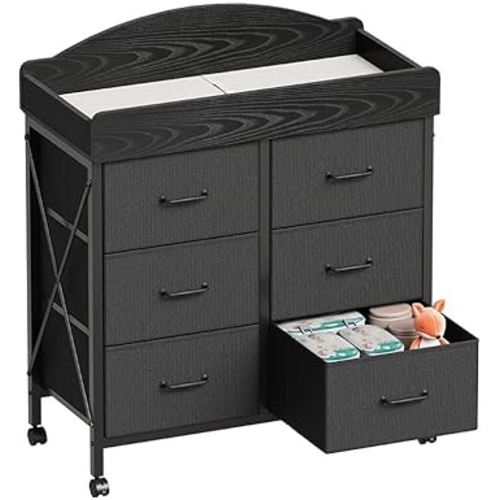 Baby Changing Table Dresser with Wheels, 6-Fabric Drawer Baby Dresser with Changing Table Top, Waterproof Diaper Changing Station & Pad, Mobile Storage Unit, Compact Baby Furniture, Black