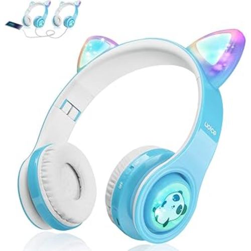 Kids Bluetooth Headphones Cat Ear LED Light Wireless Foldable Headphones Over Ear with Mic, Music Sharing Function and 0-85dB /110dB Limited for School Phone Pad Tablet PC Sky Blue