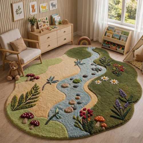 Woodland River Kids Rug, Tufted Forest Landscape Playroom Carpet, Botanical Nursery Mushroom Design
