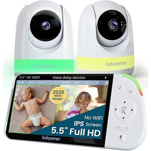 Babysense PRO Full HD 5.5" Split Screen Baby Monitor with 2 Cameras, 6-Color Night Light, White Noise, Sound & Light Machine, 20-Hour Battery, Hack-Proof Non-WiFi Secure Connection