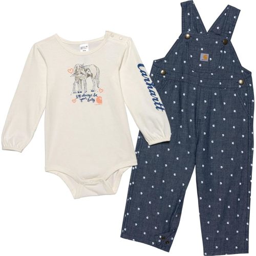 Carhartt Baby Girl, Infant, Newborn Long Sleeve T-shirt and Print Chambray Overall 2 piece set, Chambray Medium Wash Denim - 12 Month