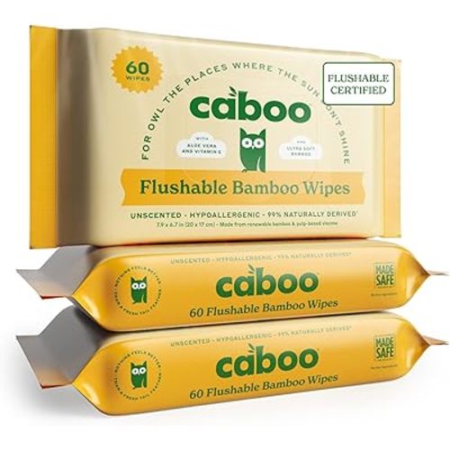 Caboo Tree Free Flushable Wipes, Certified Flushable, Septic Safe, Unscented Wipes for Adults made with Bamboo Viscose (Pack of 3, Total of 180)