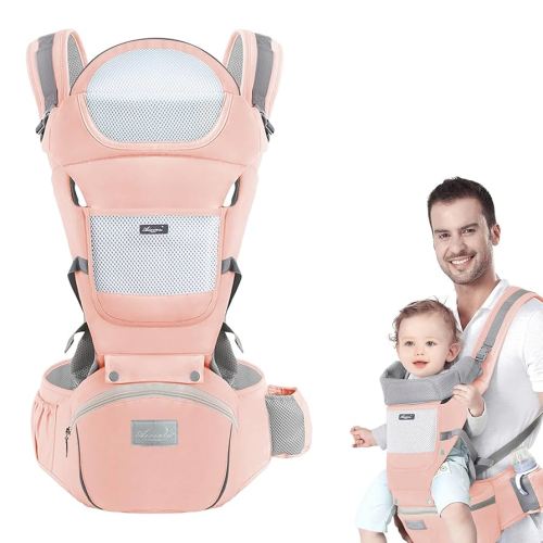 Baby Carrier with Hip Seat, Multi-Functional 9 in 1 Baby Wrap Carrier Newborn to Toddler for All Seasons Ergonomic Baby Sling Carrier Hands Free Baby Backpack Carrier 7-45 lbs (Pink)