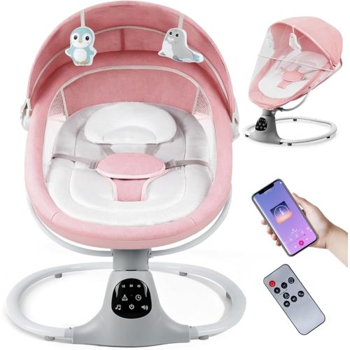 Electric Baby Swing for Infants to Toddler, Portable Swing Baby Rocker with 5 Point Harness, 5 Sway Speed, Bluetooth,12 Preset Lullabies with Remote Control, Infant Swing for Baby Boys & Girls, Pink