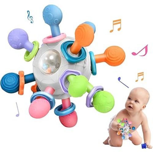 Baby Montessori Teething Toys for 0-6 6-12 Months Infant Teethers Sensory Toys for Babies 0 3 6 9 12 18 Months Learning Developmental Chew Rattle Toys Shower Gifts for 1 2 Year Old Girls Boys White