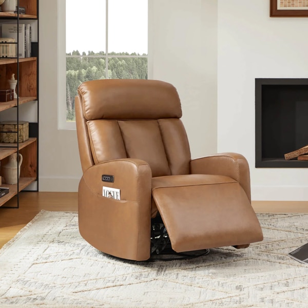 Maxwell Genuine Leather Swivel Glider Recliner with Power Lumbar & Headrest