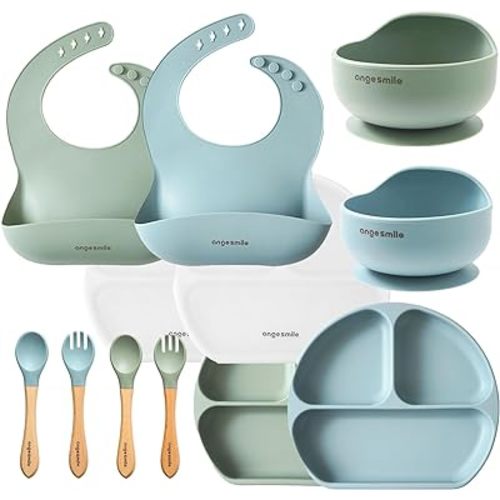 Baby Feeding Essentials Silicone 12 Set Bib, Bowl, Suction Plate, Spoon, Fork Independent Eating Utensils for 6+ Months Kids Toddler Kawaii Microwave and Dishwasher Friendly Sage Green & Blue