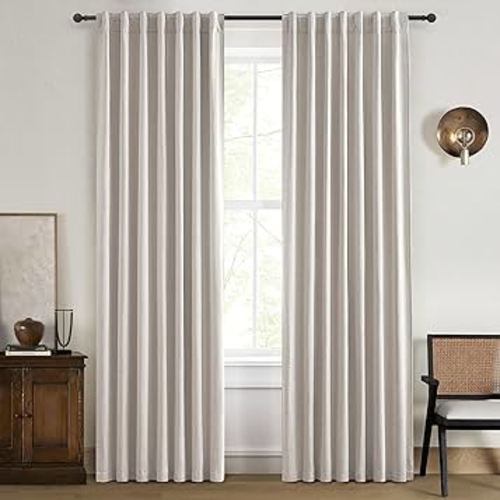 Natural Linen 86 Inch 100% Blackout Curtains for Bedroom, Pleated Heading Tape Ring Clips Back Tab Thermal Custom Made Window Curtains Living Room Modern Farmhouse (100 Wide Total, Each W50"x2Pcs)