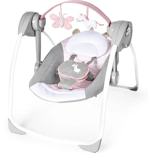 Ingenuity Comfort 2 Go Compact Portable 6-Speed Cushioned Baby Swing with Music, Folds Easy, 0-9 Months 6-20 lbs (Pink Flora the Unicorn)