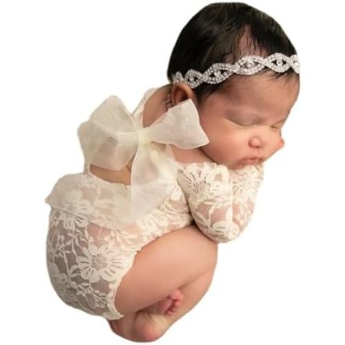 Baby Photography Props Outfit Lace Rompers Newborn Girl Photo Shoot Outfits Flower Headband Princess Costume