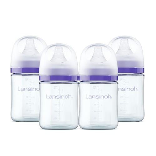 Lansinoh Glass Baby Bottles, Anti-Colic, 5 Ounces, 4 Count Bottles for Feeding, Baby Essentials, Includes 4 Slow Flow Nipples, Size S
