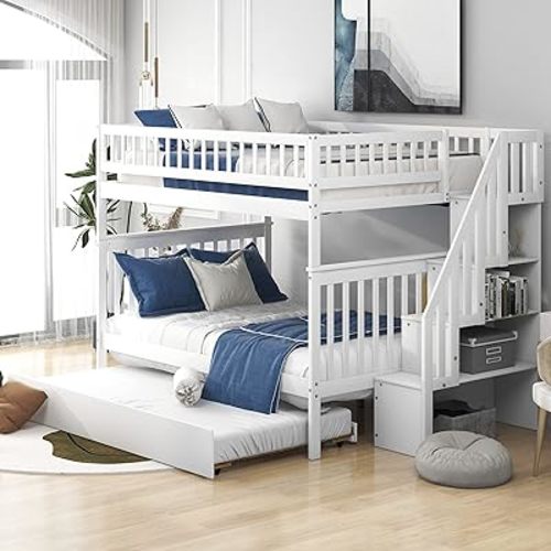 BIADNBZ Full Over Full Bunk Bed with Trundle and Storage Staircase, Solid Wood Bunkbeds can be Divided into 2 Platform Bedframes, for Kids Teens Adults Bedroom, White