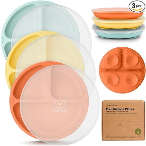 KeaBabies Suction Plates with Lids for Baby - 3-Pack 100% Silicone Toddler Plates with Suction, Divided, BPA-Free Baby Led Weaning Essentials for Kids, Dishwasher, Microwave Safe, Durable (Amaze)