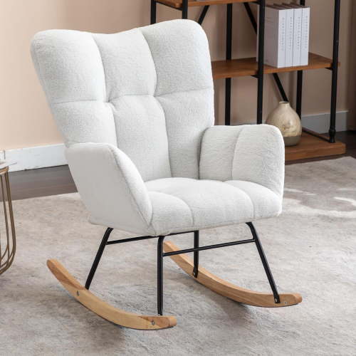 Teddy Fabric Rocking Chair, Nursery Glider with Solid Wood Rocking Base and Sturdy Metal Frame, Comfortable Seat for Nursery and Living Room, Ivory