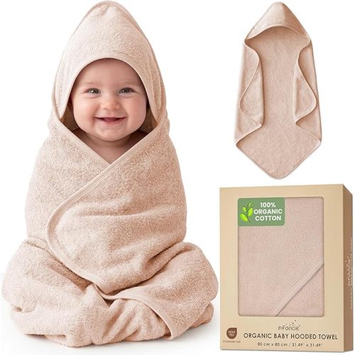 100% Organic Cotton Plush Woven Hooded Baby Bath Towels - Soft and Absorbent 31x31 Inches for Newborns and Kids, Baby Bath & Hooded Towels, Premium Infant Towels (Sand)