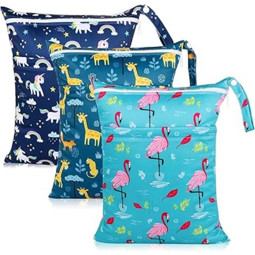 Angel Love Wet Bags for Baby, 3 Pack Wet Dry Bags for Baby Cloth Diaper, Wet Bathing Suit Bag Waterproof with Two Zippered Pockets, Washable Wet Bag for Swimsuit Travel Beach Pool Gym for Wet Clothes