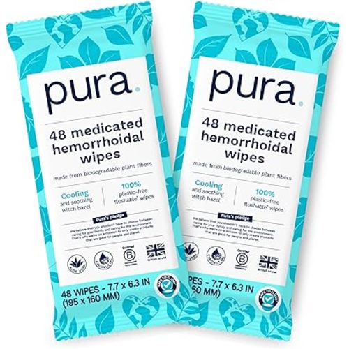 Pura Flushable Hemorrhoid Wipes, 2 x 48 Wipes (96 Wipes), Medicated Wipes with 50% Cooling Witch Hazel, Soothing Coconut Oil & Aloe Vera, Fast Acting Relief, 100% Plastic Free, Fragrance Free