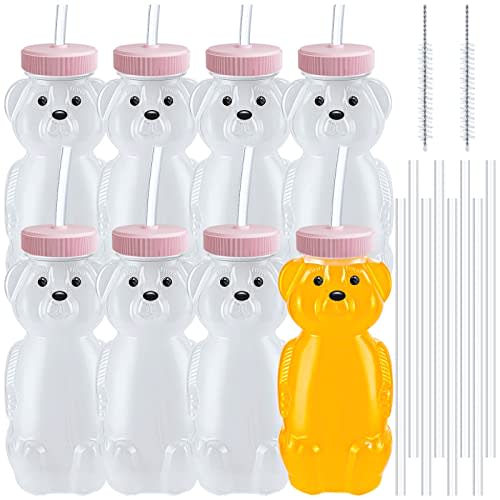 8 PCS Honey Bear Straw Cup, Baby Straw Cups with 16 Flexible Straws and 2 Straw Brushes, 8oz Special Supplies Juice Bear Bottle for Infant Feeding, Drinking Needs of Those with Poor Oral Health (Pink)