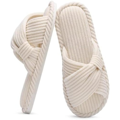 Evshine Summer House Slippers for Women Corduroy Cross Bow Indoor Slippers Open Toe Slip On Bedroom Shoes with Memory Foam