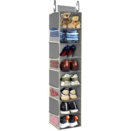 Large-Sized Hanging Shoe Organizer 8-Shelf, Hanging Closet Organizer with 8 Side Pockets, Wider Hanging Shelves for Storage Shoes Clothes 9" W × 11.8" D× 48" H, Grey