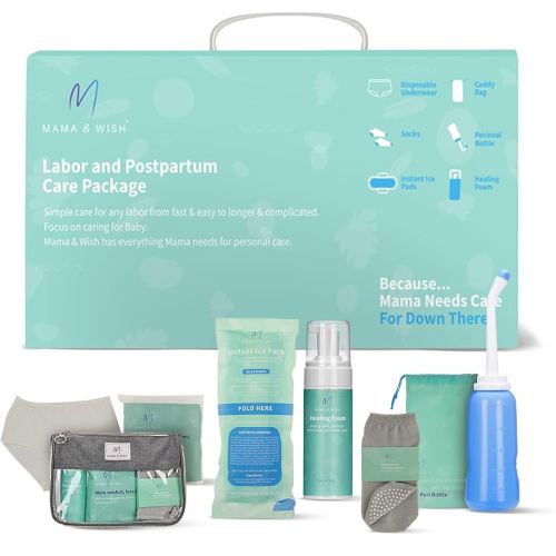 Mama & Wish Postpartum Essentials Kit – Labor and Delivery Essentials for Moms After Birth – Postpartum Recovery Kit Includes Peri Bottle, Witch Hazel, Comfy Garments & More