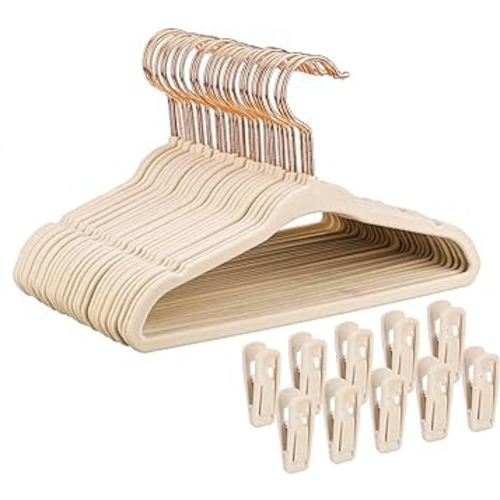 Baby Velvet Hangers 30 Pack - 11'' Inch Premium Non Slip Kids Felt Hangers for Clothes - Ultra Thin Baby Felt Hangers for Toddler Kids' Closet with 10 Hanger Clips - Beige