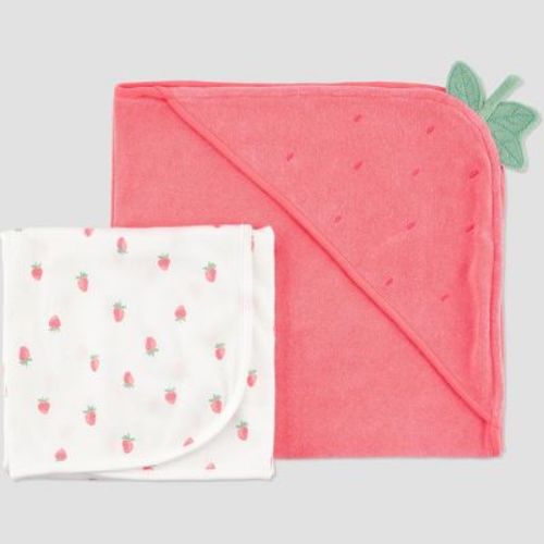 Carter's Just One You®️ Baby Strawberry 2pk Towel - Pink: Hooded Terry Cotton & Polyester, 29"x29"